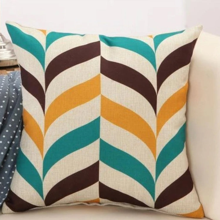 Cushion cover with teal, mustard and brown curved chevron stripes.