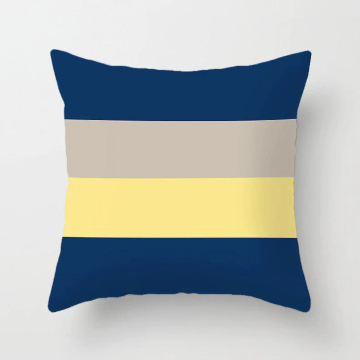 Cushion cover with wide navy, grey, yellow and white horizontal bands.