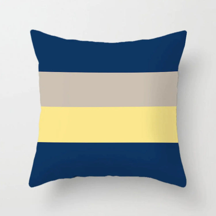 Cushion cover with wide navy, grey, yellow and white horizontal bands.
