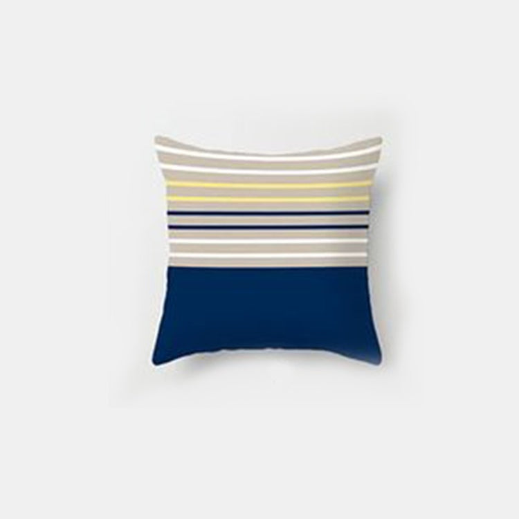 Cushion cover with narrow beige and navy stripes above a solid navy panel.