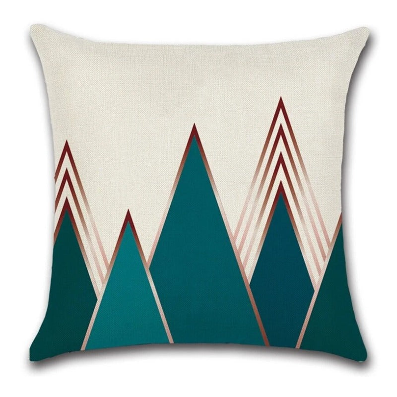 Cream cushion cover with tall teal triangles and rust outlined triangles.
