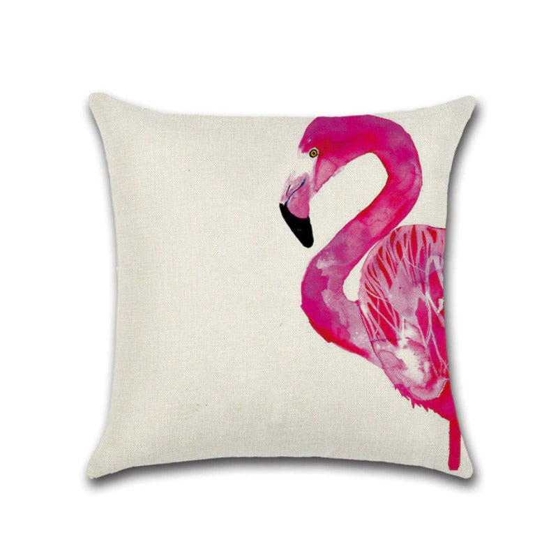 Cream cushion cover with a large pink flamingo head and neck.