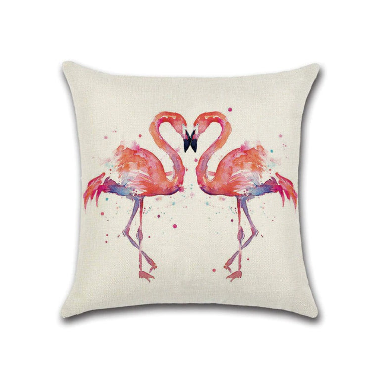 Cream cushion cover with two pink flamingos facing each other.