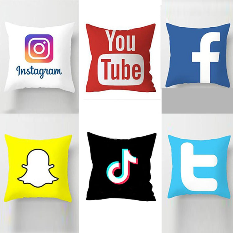 Six cushion covers with colourful social media logos.