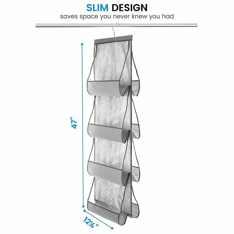 Grey hanging handbag organizer showing its slim profile and clear pockets.