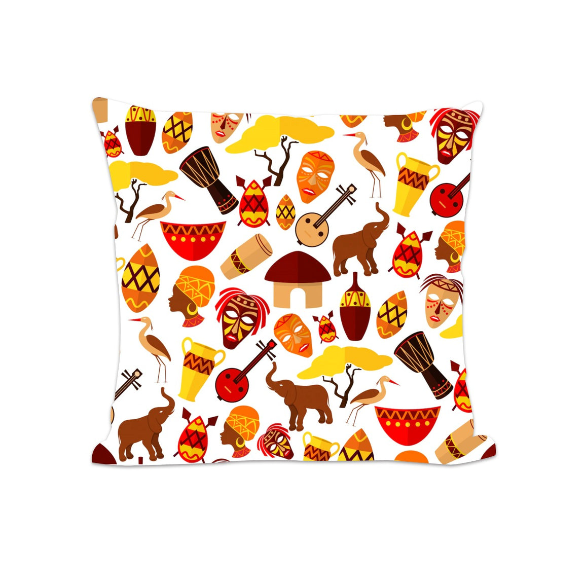 White cushion cover with repeating orange and brown mask, drum and animal motifs.