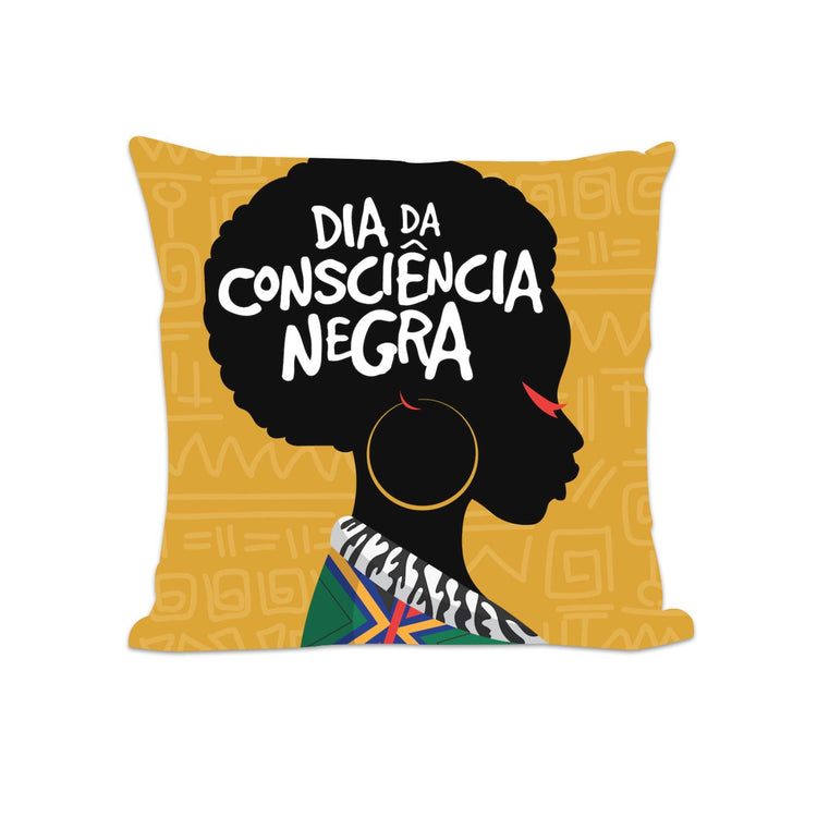 Mustard cushion cover with a black profile silhouette and white Portuguese lettering.