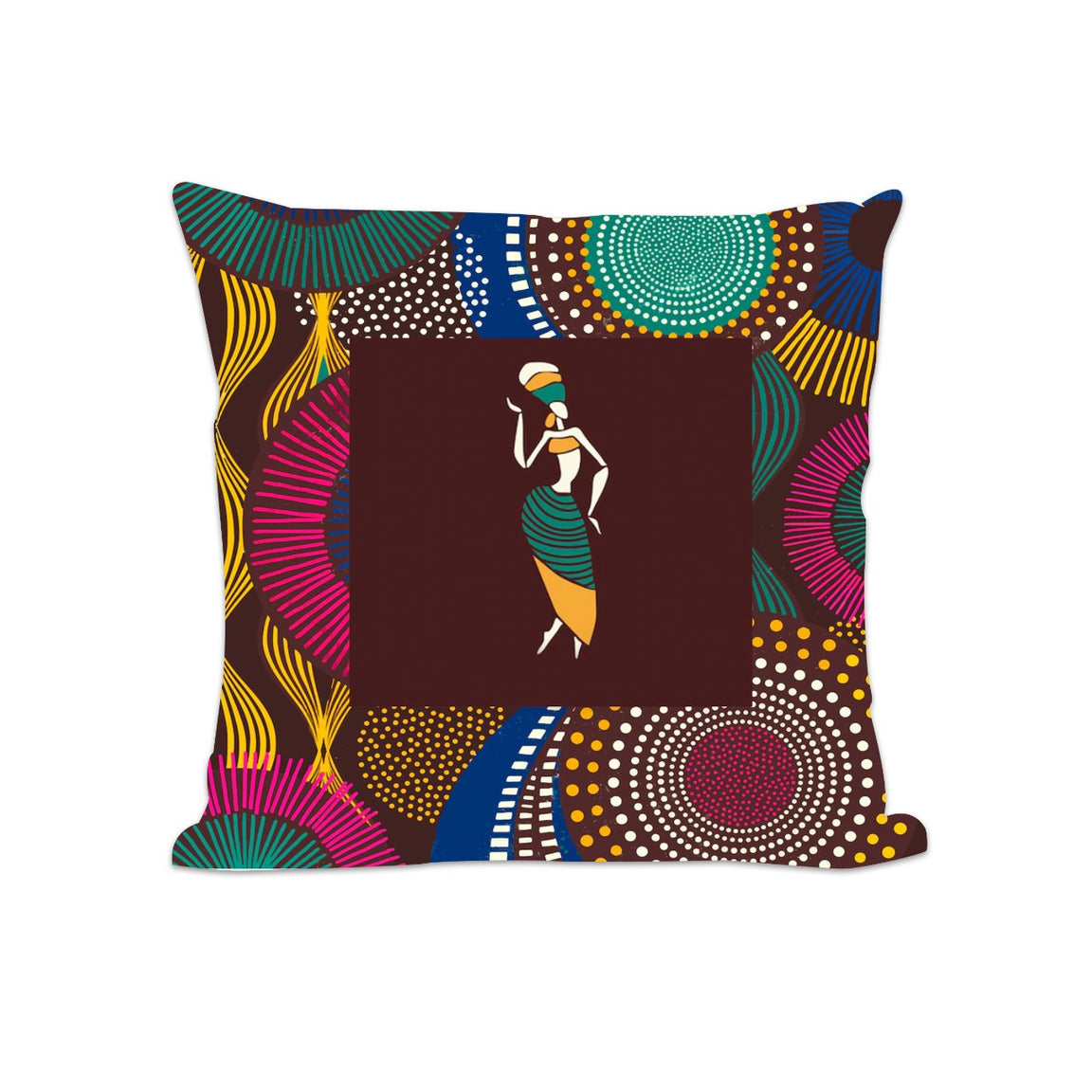 Cushion cover with a central illustrated figure and colourful circular patterns.
