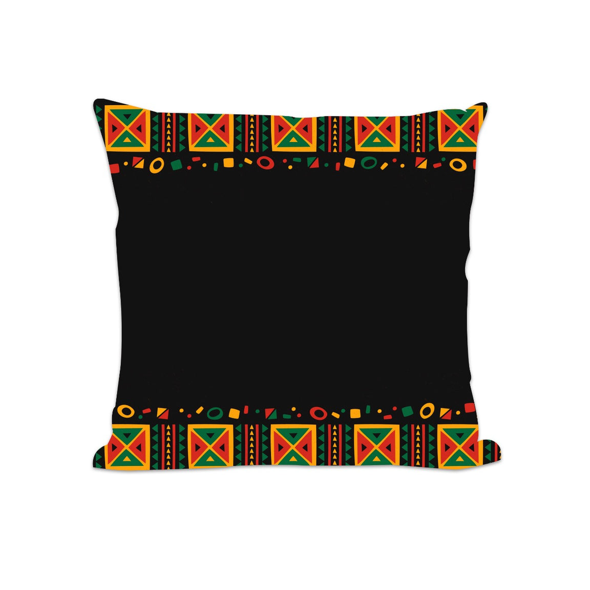 Black cushion cover with colourful geometric borders at the top and bottom.