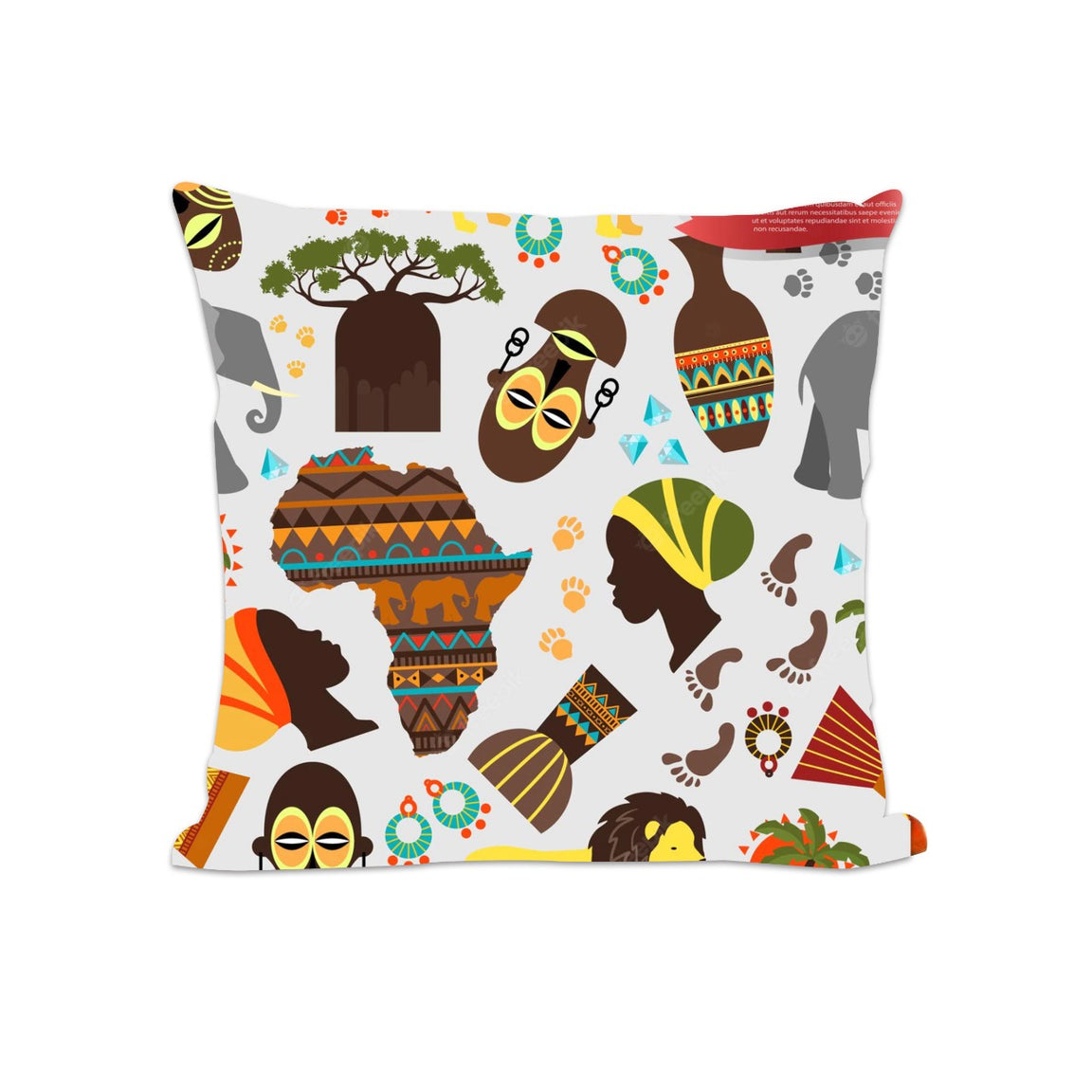 White cushion cover with colourful drum, mask, animal and map motifs.
