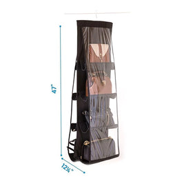 Hanging handbag organizer filled with bags, with a dimension diagram.