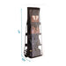 Hanging handbag organizer filled with bags, with a dimension diagram.