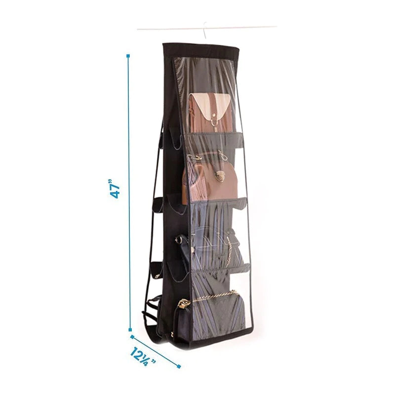 Hanging handbag organizer filled with bags, with a dimension diagram.