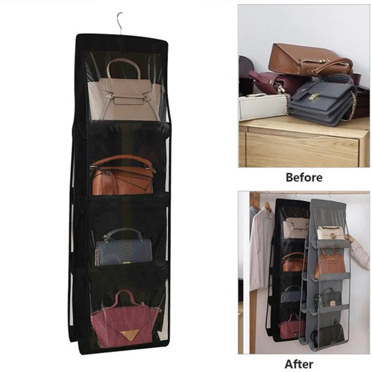 Handbag organizer with clear pockets shown alongside before-and-after storage views.