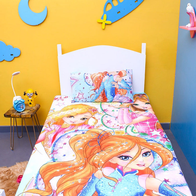 Colourful cartoon-girl-print bedsheet and pillowcase displayed on a single bed.
