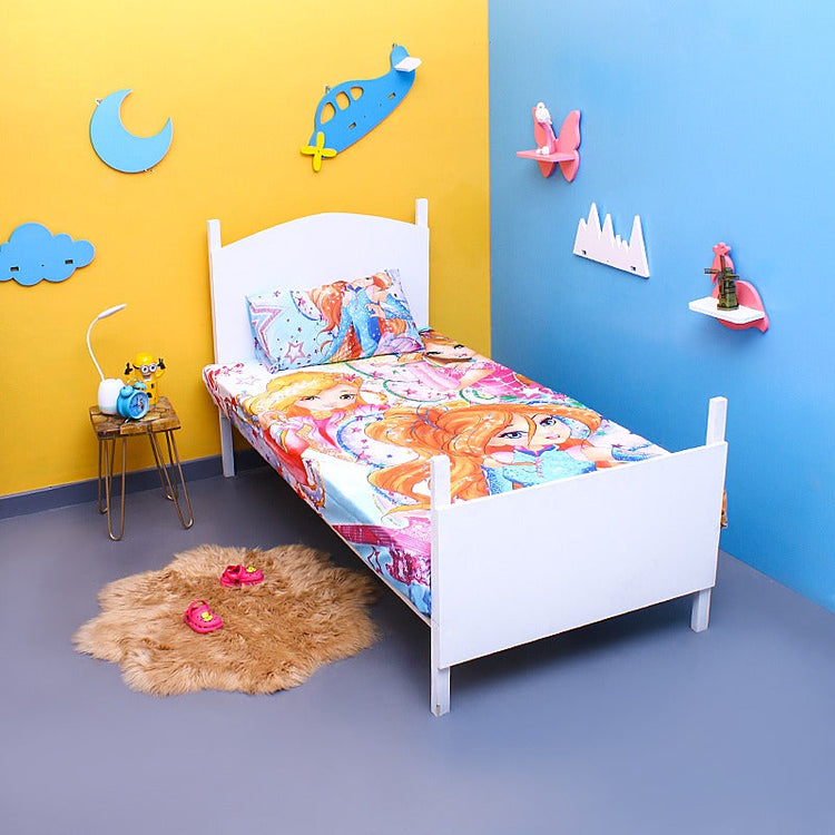 Colourful cartoon-girl-print bedsheet and pillowcase displayed on a single bed.