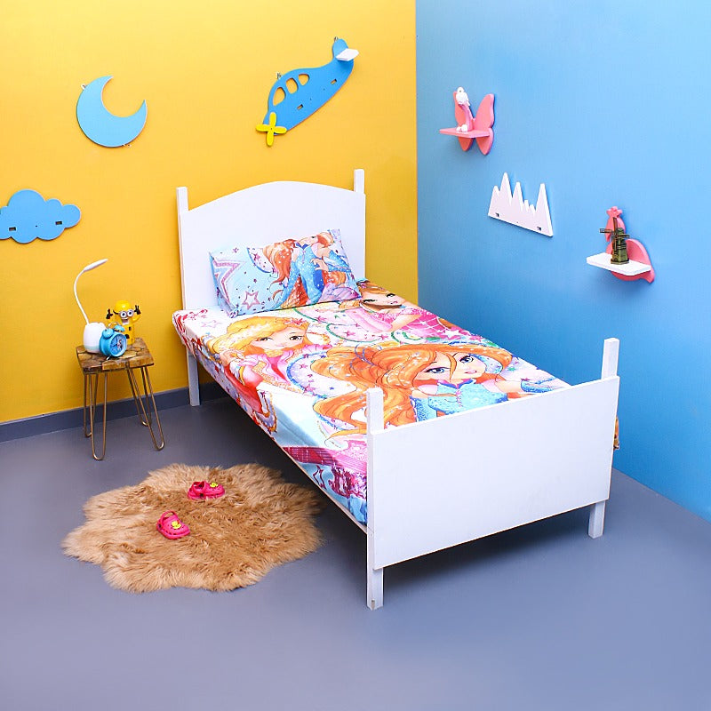 Colourful cartoon-girl-print bedsheet and pillowcase displayed on a single bed.