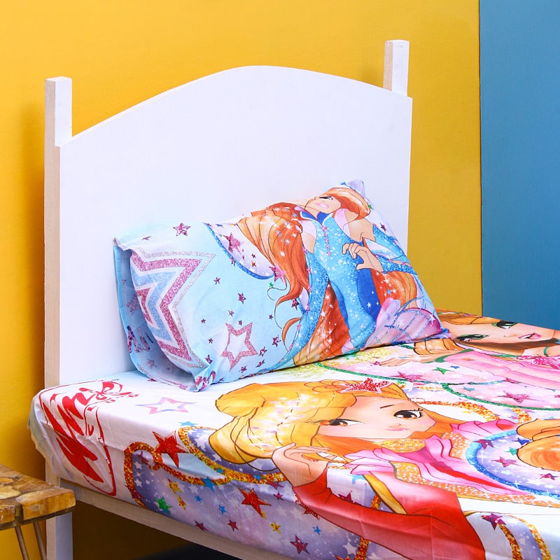 Close-up of a colourful cartoon-girl pillowcase and matching bedsheet.