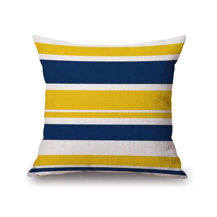 Cushion cover with horizontal navy, yellow and white stripes.