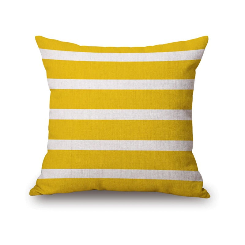 Yellow cushion cover with horizontal white stripes.