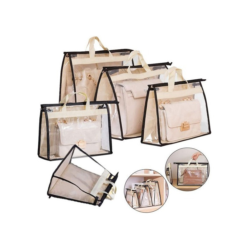 Clear handbag storage covers with black trim and handles, shown in different sizes.