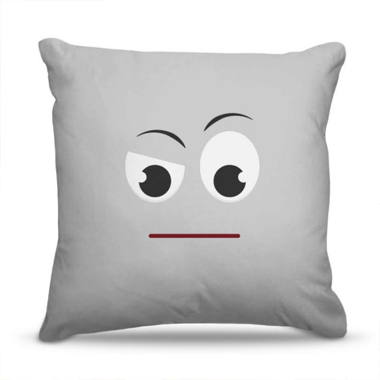 Grey cushion cover with a cartoon face looking sideways.