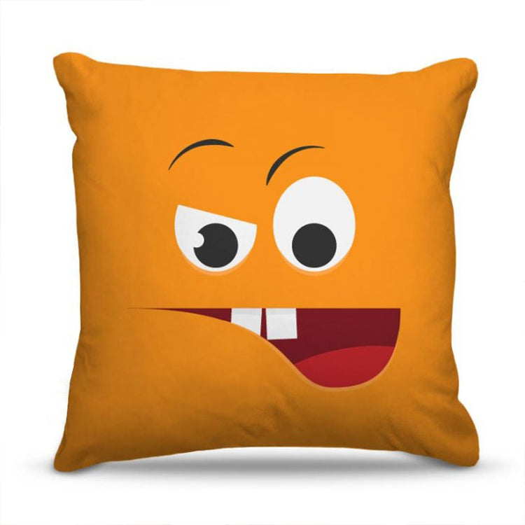 Orange cushion cover with a winking cartoon face.