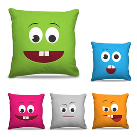 Five brightly coloured cushion covers with different cartoon faces.