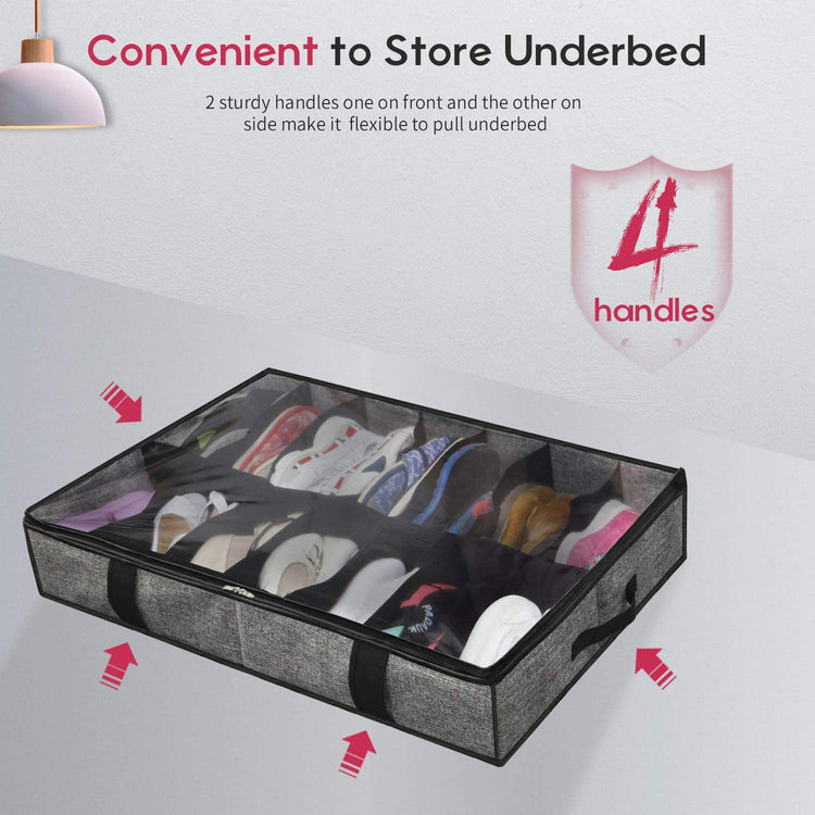 Underbed shoe organizer showing four side carrying handles.