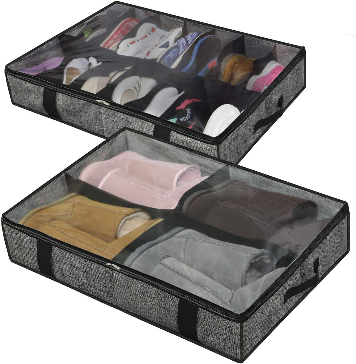 Underbed storage organizers with clear lids, shown holding shoes and clothes.