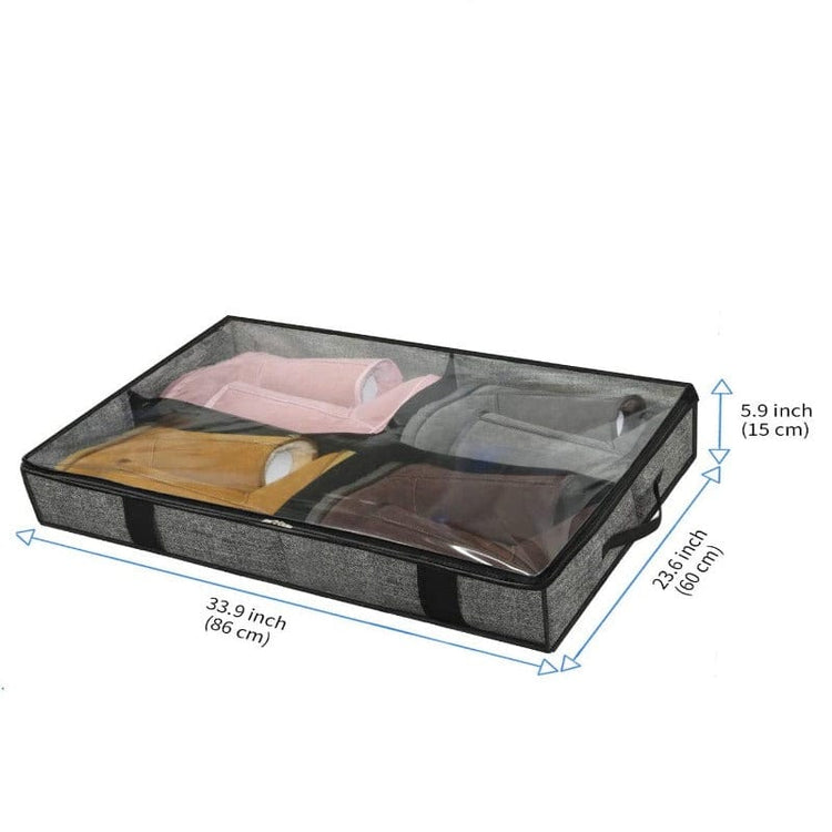 Underbed clothing organizer with clear lid and dimension markings.