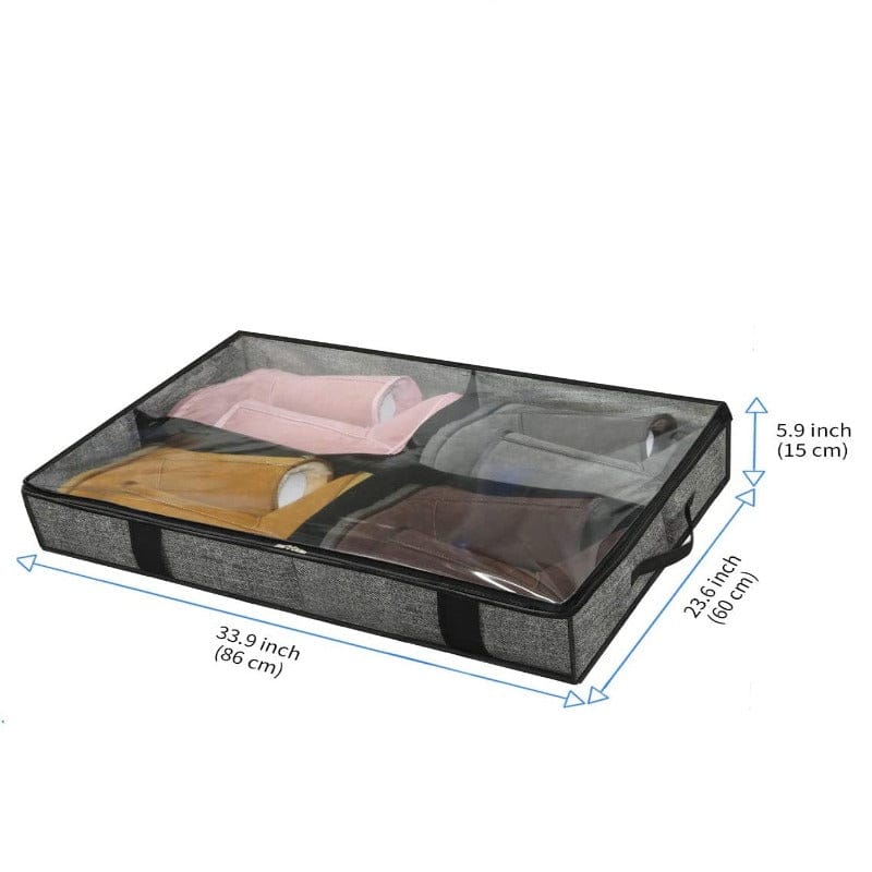 Underbed clothing organizer with clear lid and dimension markings.