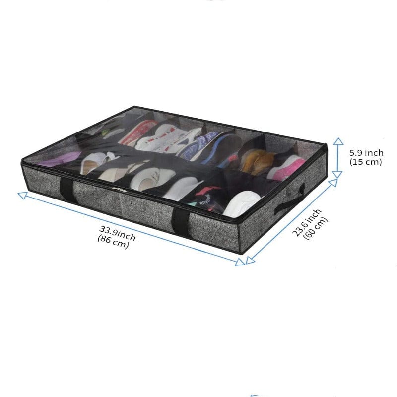 Underbed shoe organizer with clear lid and dimension markings.