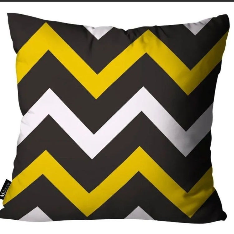 Dark grey cushion cover with yellow and white zigzag stripes.