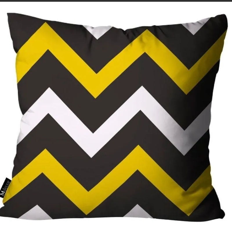 Dark grey cushion cover with yellow and white zigzag stripes.