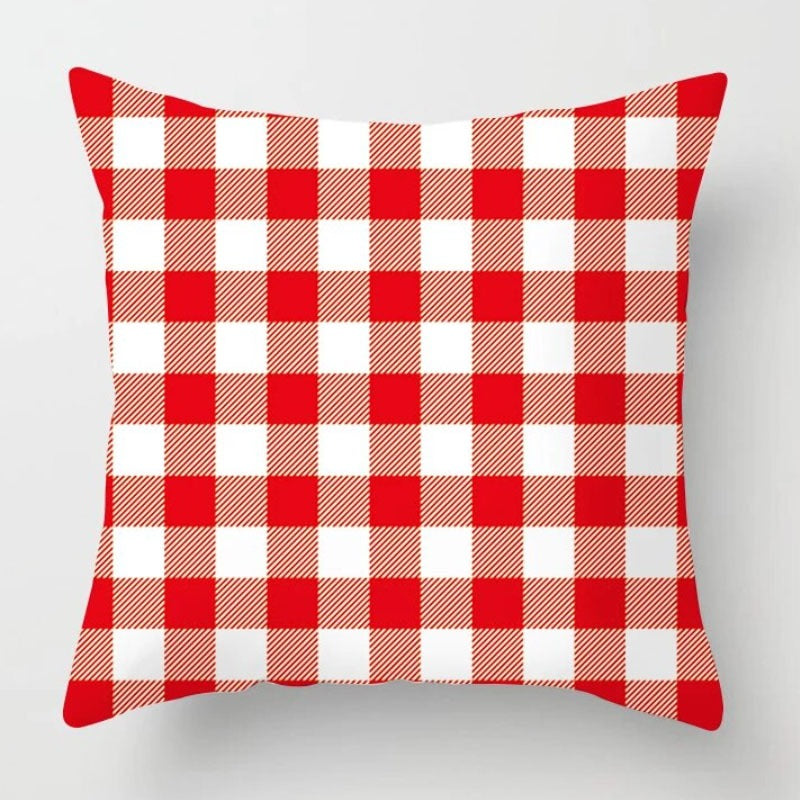 Cushion cover with a red and white gingham check pattern.