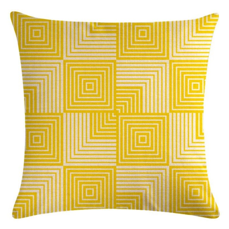 Yellow cushion cover with white concentric squares and fine striped blocks.