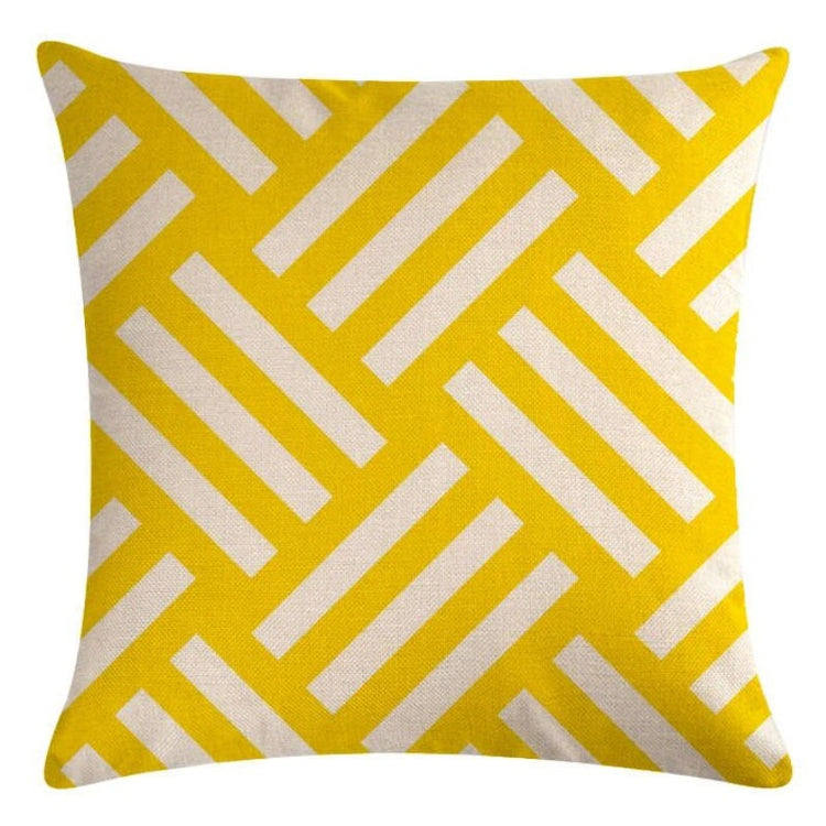 Yellow cushion cover with interlocking white diagonal bars.