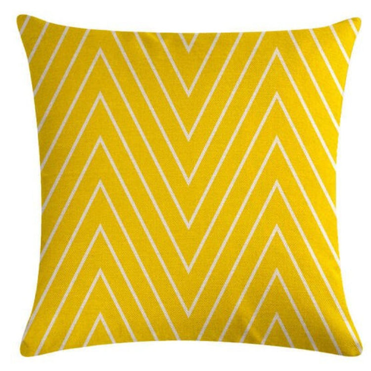 Yellow cushion cover with thin white chevron lines.