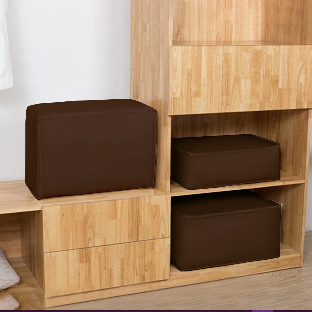 Brown zippered storage cubes arranged on wardrobe shelves.