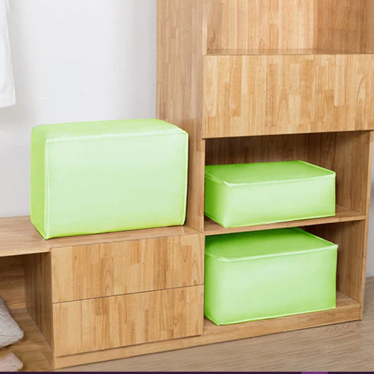 Lime green fabric storage cubes on wardrobe shelves.