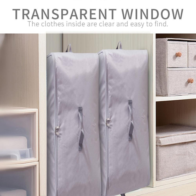 Grey storage bag in a wardrobe, showing its transparent front window.