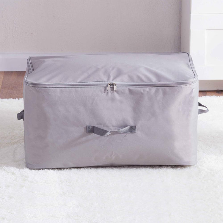 Grey zippered fabric storage bag with side handles.