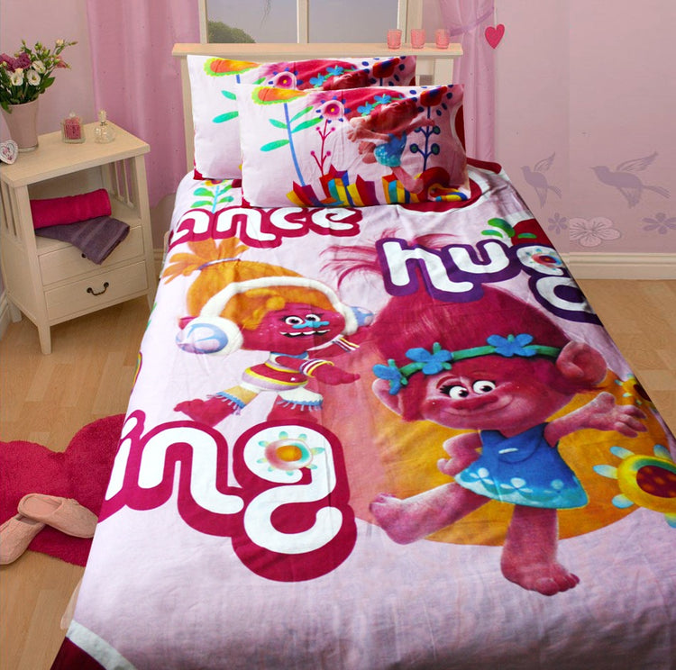 Single bed with bright pink and orange Trolls cartoon bedding and matching pillowcase.