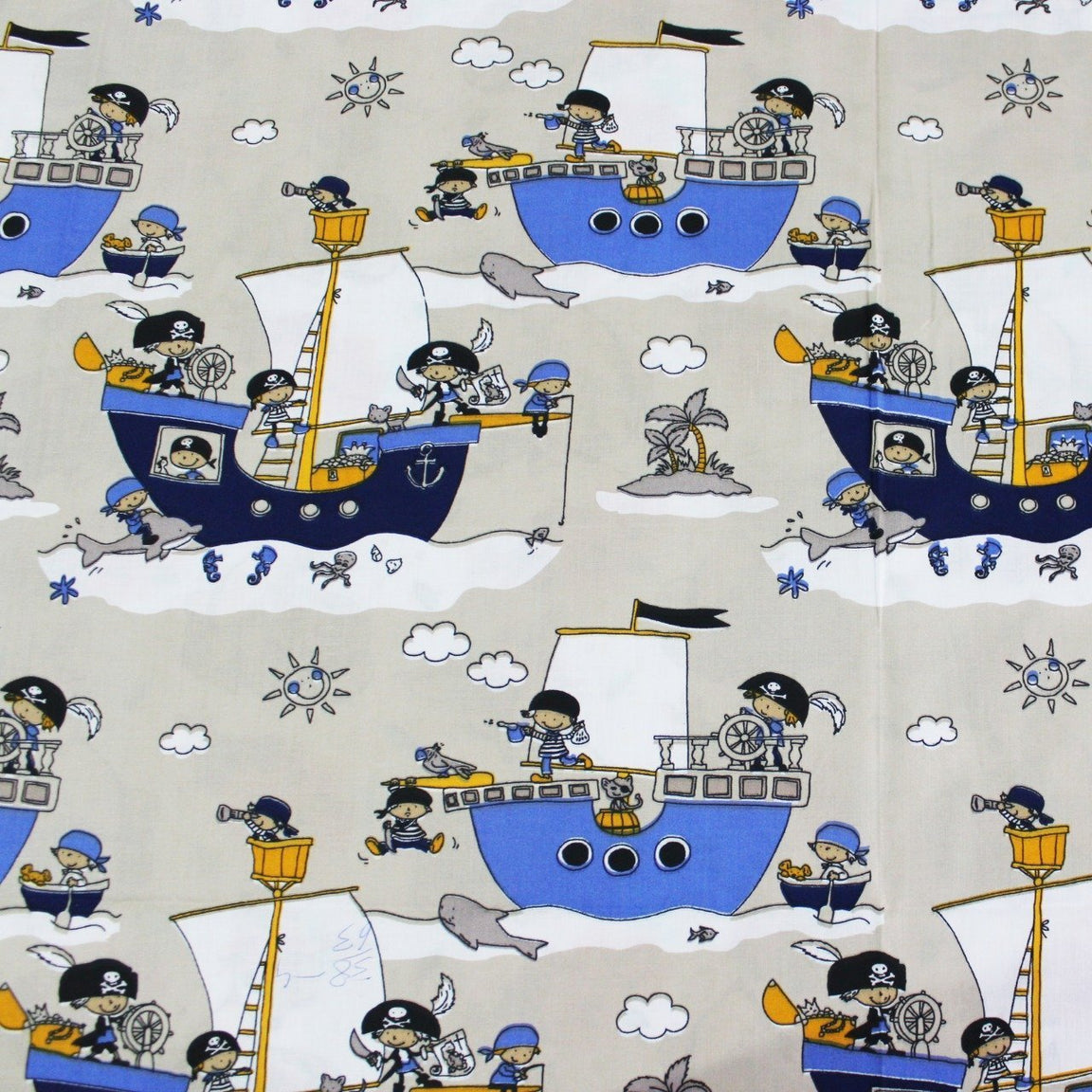 Grey fabric printed with blue cartoon pirate ships, clouds and anchors.