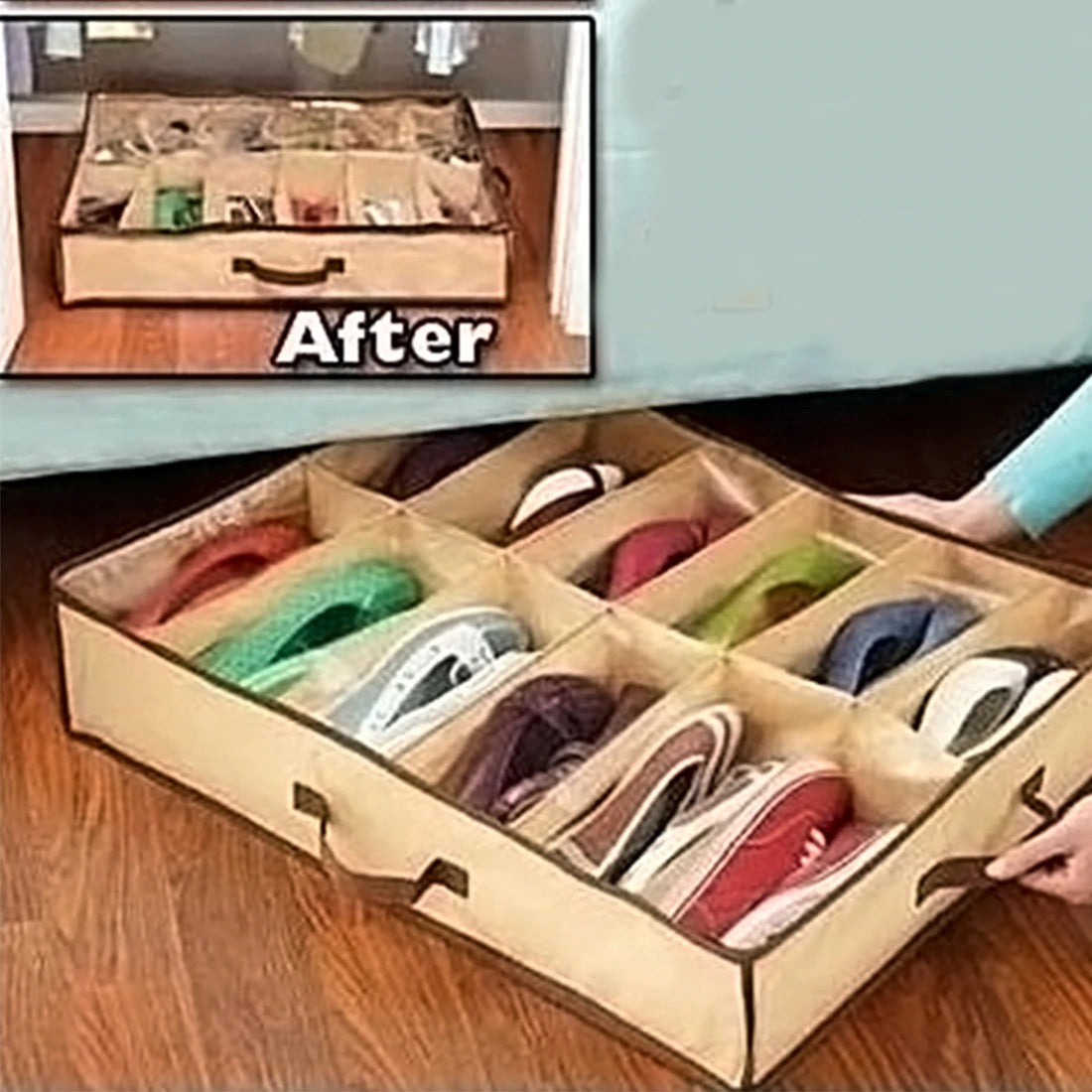 Beige compartmented shoe organizer being pulled out from under a bed.