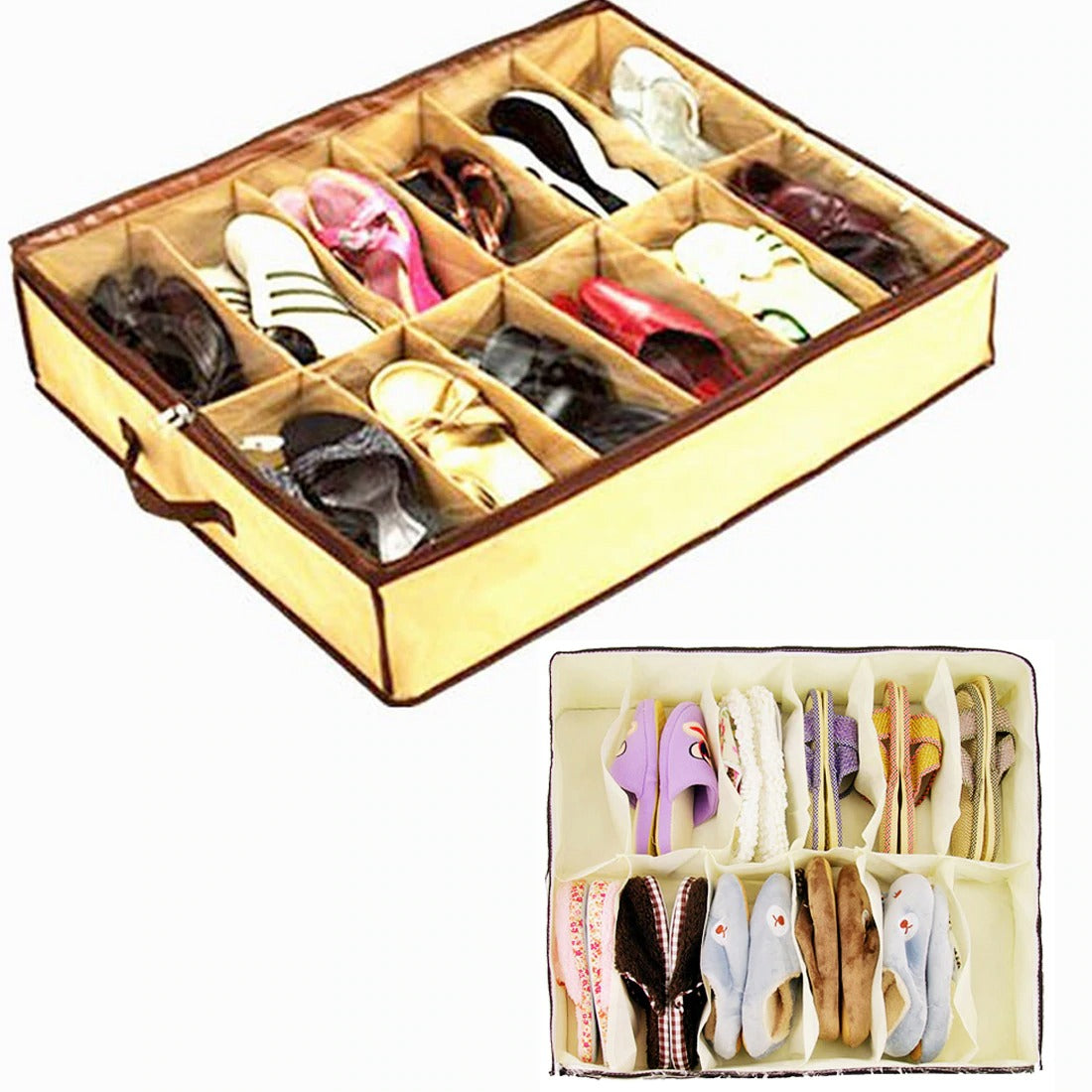 Beige divided shoe organizer filled with shoes, shown from two angles.
