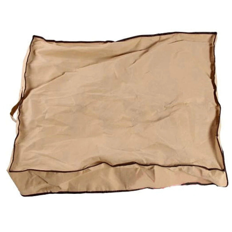 Beige shoe organizer folded flat with brown edging.