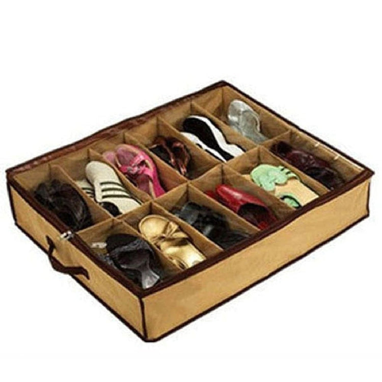 Beige compartmented shoe organizer with brown trim filled with shoes.