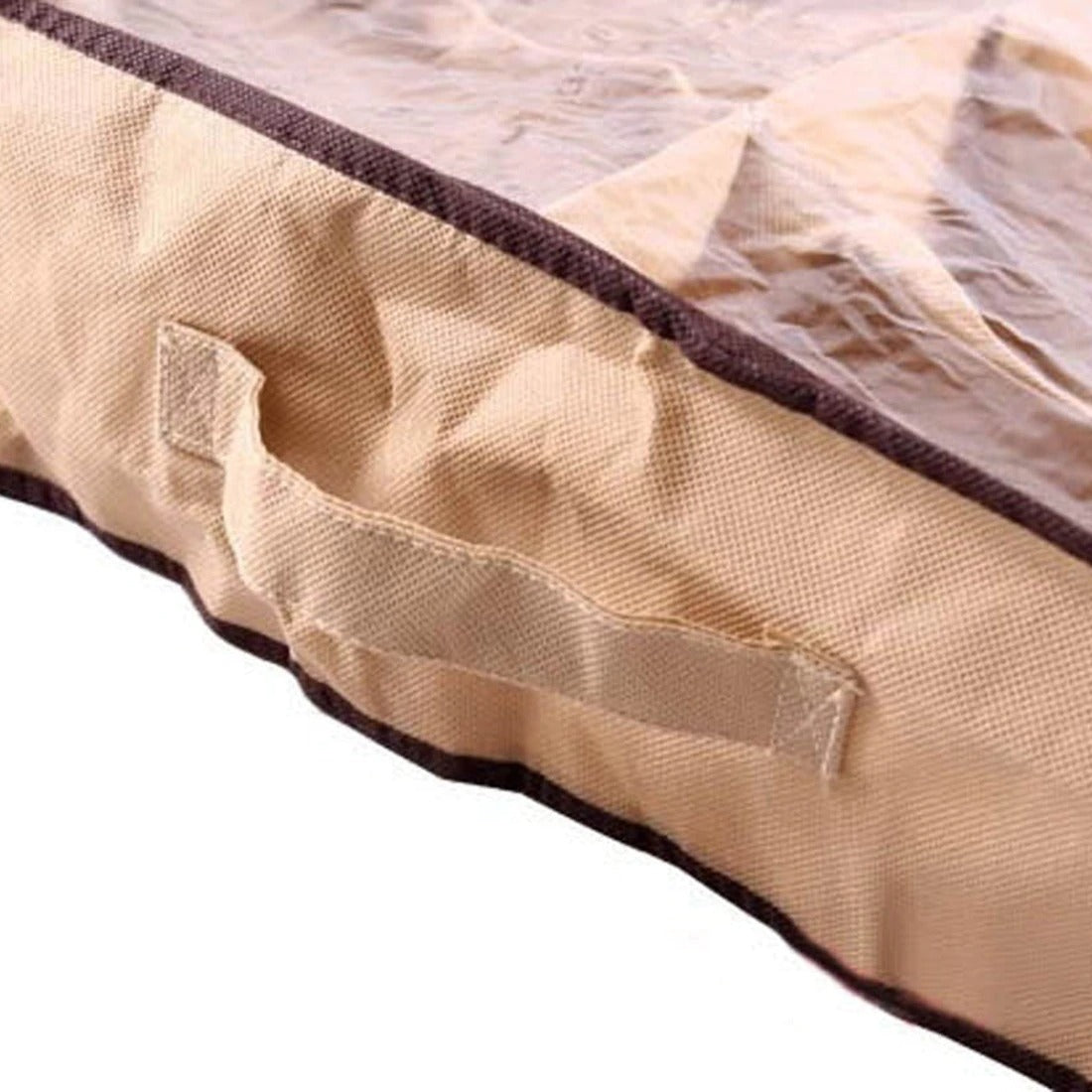 Close-up of the side handle, beige fabric and clear cover of a shoe organizer.